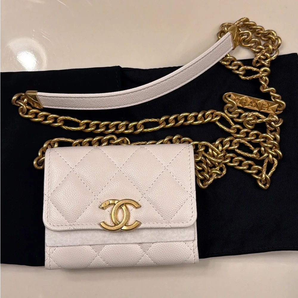 CHANEL Cream Quilted Caviar Leather Mini Wallet on Gold Chain